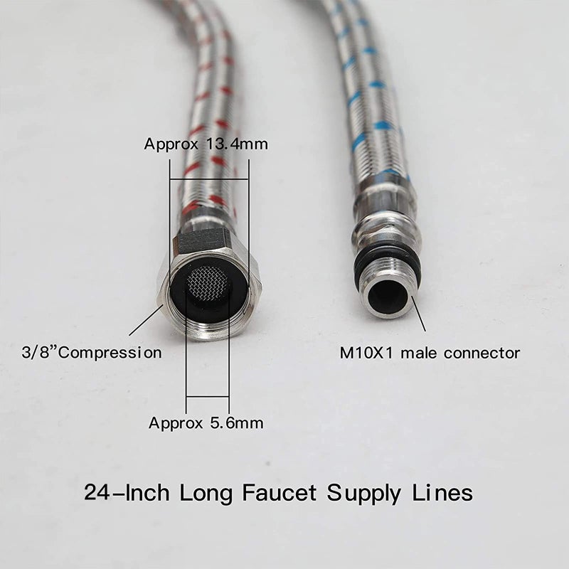 Green Spring Greenspring 24 Inch Long Faucet Connector, 2Pcs Faucet Supply Lines, Kitchen Sink Toilet Hose Braided Stainless Steel Supply Hose 3/8" Female Compression Thread x M10 Male Connector (1 Pair) - Image 2